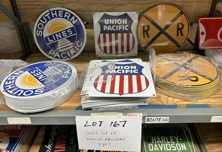(Approx. 65 pcs. ) Railroad enamel signs - SOUTHERN PACIFIC, UNION PACIFIC, & R.R. CROSSING…. (1 of 1)