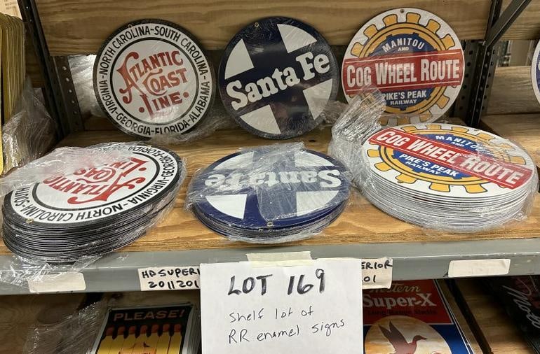 Approx. ( 55 pcs. ) enamel signs- RAILROAD - includes ATLANTIC COAST LINE, SANTA FE, MANITOU &: Approx. ( 55 pcs. ) enamel signs- RAILROAD - includes ATLANTIC COAST LINE, SANTA FE, MANITOU & PIKE'S PEAK RAILWAY…..