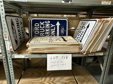 Over (100 pcs.) enamel parking signs- to include FORD, FORD TRUCK, CHRYSLER 300, P T CRUISER, &
