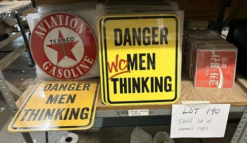 Over (200 pcs.) of enamel signs to include TEXACO, DANGER MEN THINKING, COCA COLA, DANGER WOMEN