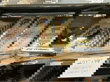 Over (150) enamel signs to include - COWBOY, OYSTERETTES, RR, SS TITANIC, WOMEN PROHIBITED……