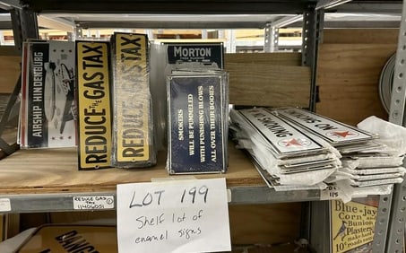 Over (200) enamel signs to incl. HIDDENBURG, REDUCE GAS TAX, TEXACO, NO SMOKING, MORTON SALT,