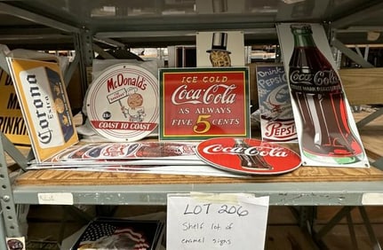Misc. lot enamel signs ( approx. 30 plus pcs. ) COCA COLA, CORONA, MCDONALDS, PLANTERS, PEPSI…….