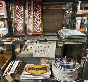 (2) shelves of enamel signs to include COCA COLA, WILLIAMETTE, CHAMPION, CAMPBELL'S, S.S. TITANIC &