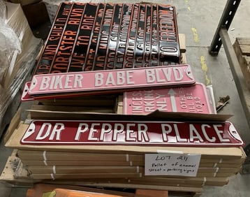 Pallet of enamel street parking signs to include - DR. PEPPER, HARLEY DAVIDSON, PRINCESS…..( 34 )