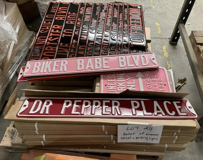 Pallet of enamel street parking signs to include - DR. PEPPER, HARLEY DAVIDSON, PRINCESS…..( 34 ) (1 of 3)