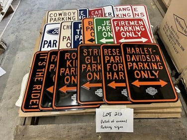 (18) cases ( 180 pieces ) enamel parking signs….measure 18" x 12", includes HARLEY DAVIDSON, FORD,
