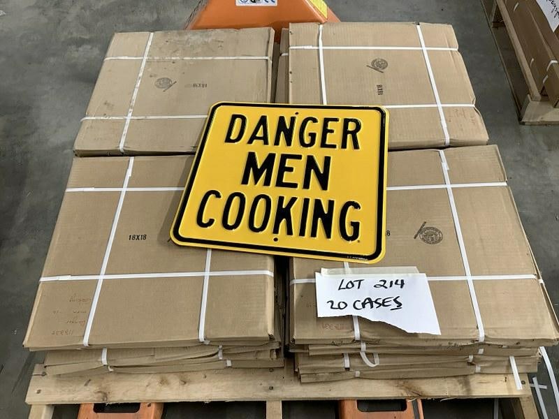 Pallet of DANGER MEN COOKING enamel signs, measure 18" x 18", 200 pieces in the lot. (1 of 1)