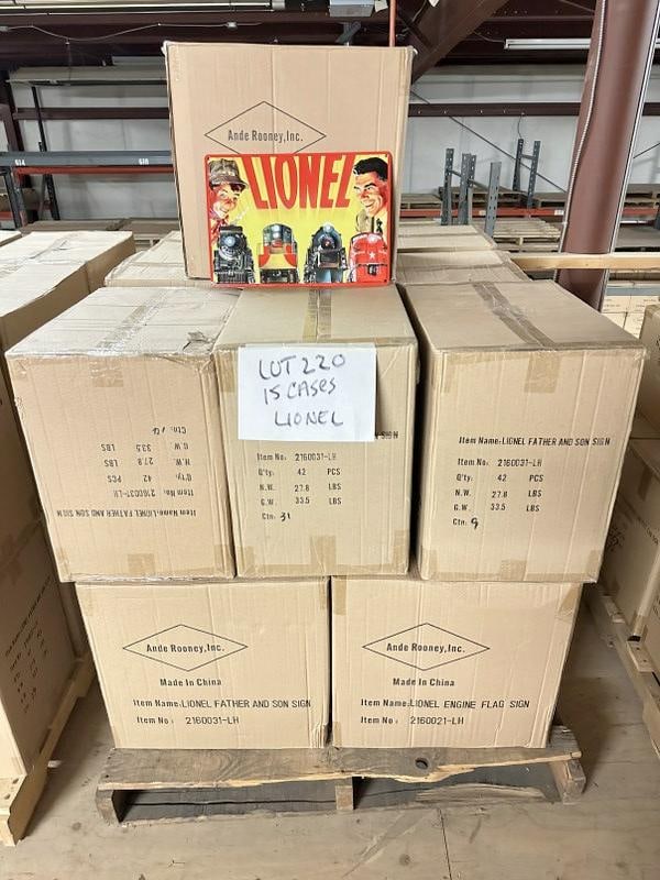 (15) cases LIONEL TRAINS tin embossed signs, (42) in a case, they measure 10.5"x 15", total signs (1 of 2)