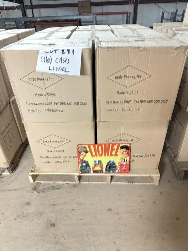 (16) cases LIONEL TRAINS tin embossed signs, (42) in a case, they measure 10.5"x 15", total signs (1 of 2)