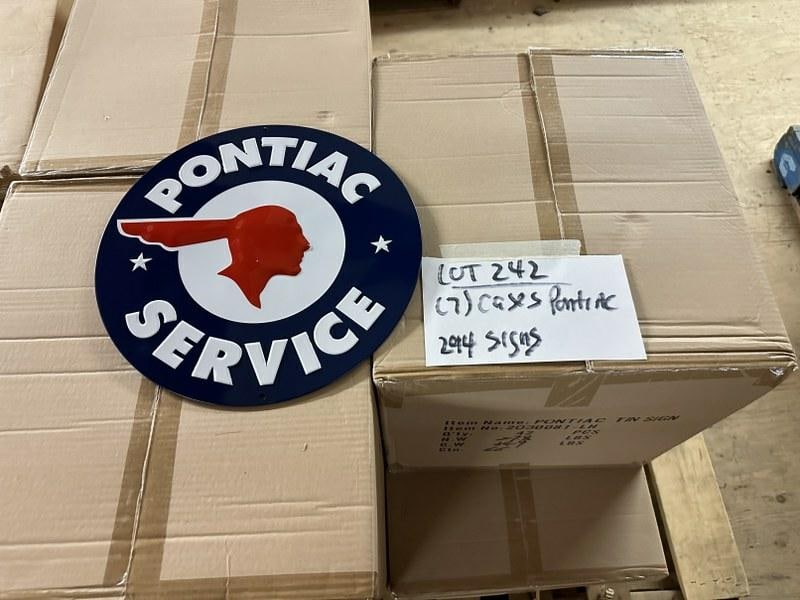 (294) tin embossed PONTIAC SERVICE signs, (42) in a case, measure 14" across. Total amount of signs (1 of 1)