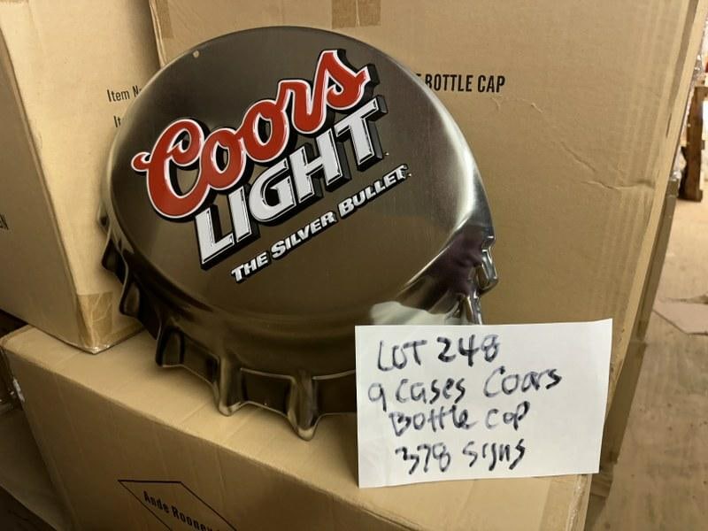 (9) cases-378 tin embossed signs ) COORS LIGHT BOTTLE CAP signs, they measure 18" x 16", (42) in a (1 of 1)