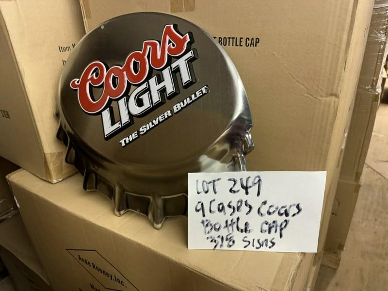 (9) cases-378 tin embossed signs ) COORS LIGHT BOTTLE CAP signs, they measure 18" x 16", (42) in a (1 of 1)