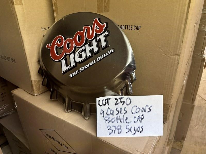 (9) cases-378 tin embossed signs ) COORS LIGHT BOTTLE CAP signs, they measure 18" x 16", (42) in a (1 of 1)