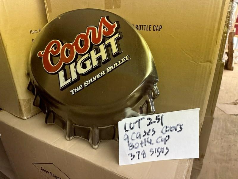 (9) cases-378 tin embossed signs ) COORS LIGHT BOTTLE CAP signs, they measure 18" x 16", (42) in a (1 of 1)