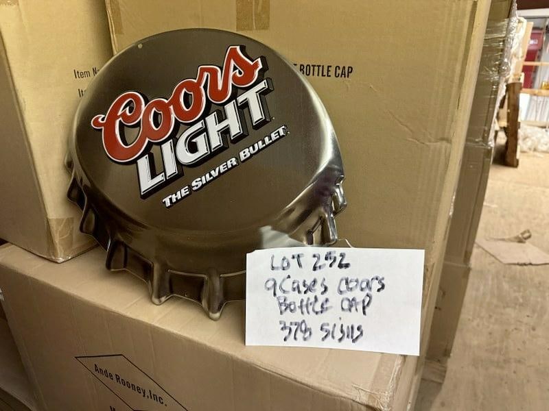 (9) cases-378 tin embossed signs ) COORS LIGHT BOTTLE CAP signs, they measure 18" x 16", (42) in a (1 of 1)
