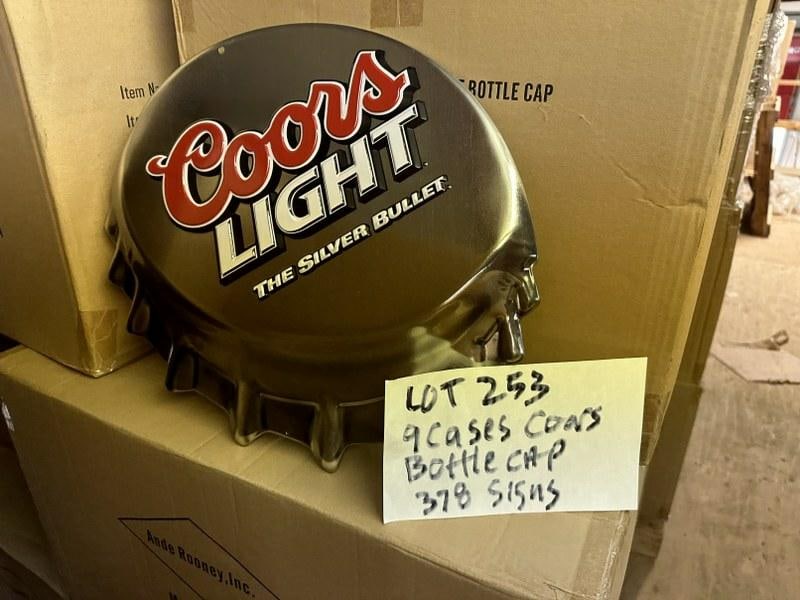 (9) cases-378 tin embossed signs ) COORS LIGHT BOTTLE CAP signs, they measure 18" x 16", (42) in a (1 of 1)