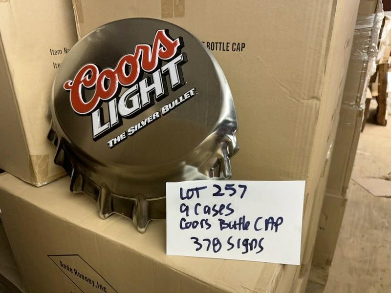 (9) cases-378 tin embossed signs ) COORS LIGHT BOTTLE CAP signs, they measure 18" x 16", (42) in a (1 of 1)