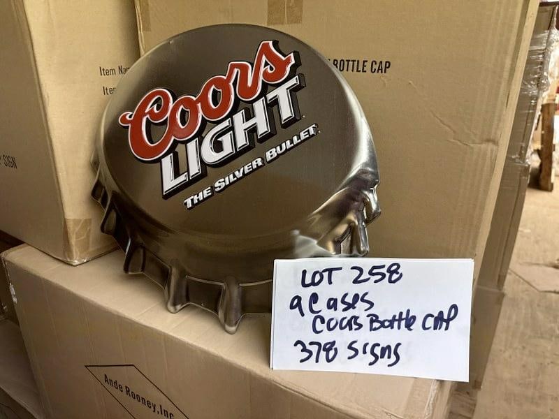 (9) cases-378 tin embossed signs ) COORS LIGHT BOTTLE CAP signs, they measure 18" x 16", (42) in a (1 of 1)