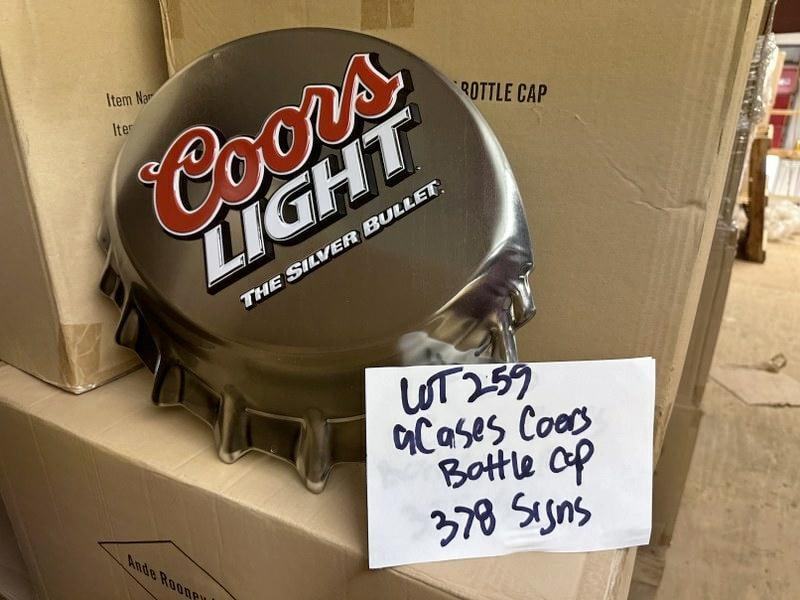 (9) cases-378 tin embossed signs ) COORS LIGHT BOTTLE CAP signs, they measure 18" x 16", (42) in a (1 of 1)