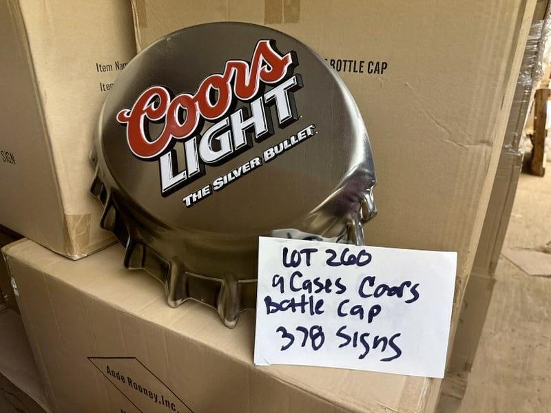 (9) cases-378 tin embossed signs ) COORS LIGHT BOTTLE CAP signs, they measure 18" x 16", (42) in a (1 of 1)