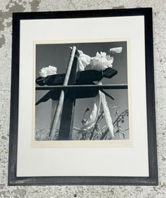 Manuel Alvarez Bravo (1902-2002 ) b & w photograph, still life with cross & flowers, photograph