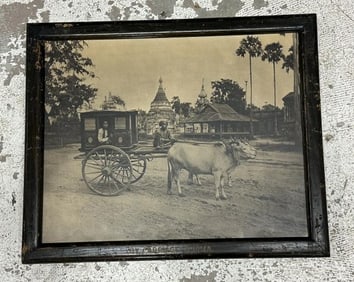 Early B & W photograph ( OX CARRIAGE BURMA ), title painted in gold on frame, image measures 16" x