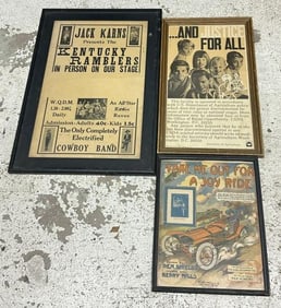 (3) pc. Framed lot to include - framed sheet music cover with roadster, 1977 poster, & Country &