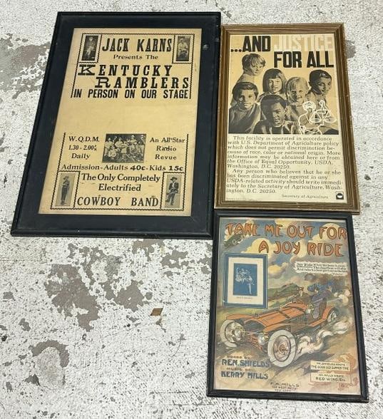 (3) pc. Framed lot to include - framed sheet music cover with roadster, 1977 poster, & Country & (1 of 5)