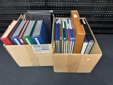 (2) boxes asorted STAMP albums, from local estate, older and more contemporary, USA and Foreign,