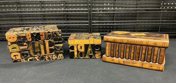 (3) folk art boxes, (2) made from wood type letters and numbers, with lids that lift off, other is
