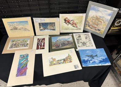 Lot of (11) original illustrations & drawings from local estate. Includes Artists Paul Davis, Terry