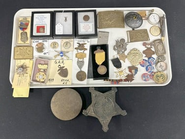 Nice lot of GAR medals, buttons, lapel pin, and assorted Military, pinback buttons, belt buckles,