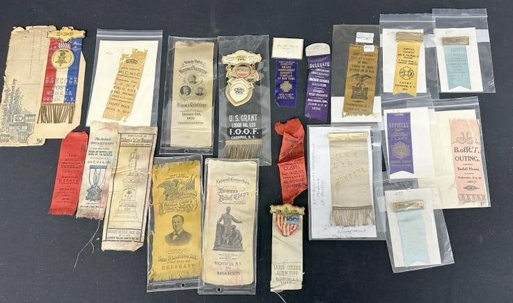 Nice lot GAR ribbons, some Fireman ribbons, and related, nice lot to sort out for dealer or (1 of 12)