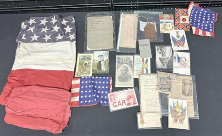 Misc. lot GAR booklets, postcards, 2 small 48 star flags, remnants of larger flag, etc.