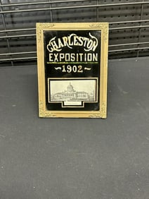 CHARLESTON EXPOSITION 1902 framed foil - reverse painted souvenir, has wire stand on back intact,
