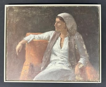 Elias J. Rivera (1937 - 2019) o/c portrait of a woman with scarf, signed lower right, painting has