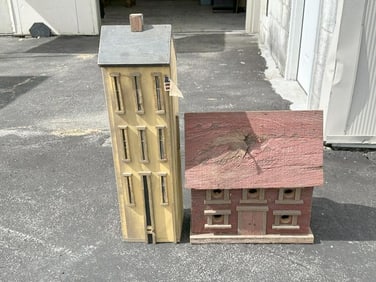 (2) contemporary folky birdhouses, were stored inside the house for display, they measure 32" & 20"