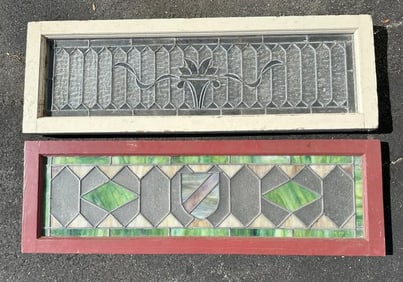 (2) stained and leaded glass windows, found in Hudson Valley barn, in window frames, the red frame