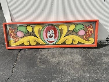 Handpainted folky Ronald Mcdonald window, has crack, but stable, was on display in local house, no