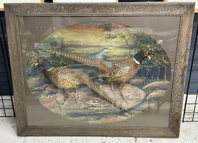 Wonderful glass diarama with (2) pheasants and handpainted landscape background, signed HERMAN
