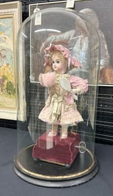 Tete Jumeau automaton - all original bisque head doll in wonderful 24" high dome, with original wood