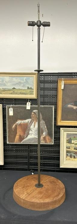 Mid Century floor lamp, possibly KNOLL, from Hudson Valley estate, nice form, wood base measures 18": Mid Century floor lamp, possibly KNOLL, from Hudson Valley estate, nice form, wood base measures 18" across x 61" high to finial…..