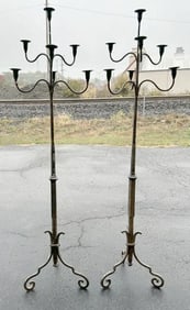 Wonderful pair of handmade wrought iron floor candelabras, from Woodstock, N.Y. estate, have good