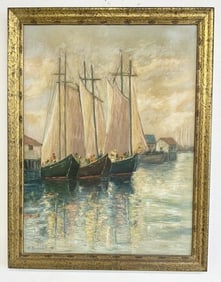 Nice impressionist o/b seascape with sailboats docked, and buildings in background, signed ( E.