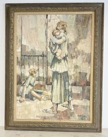 Irving Rosenzweig (1915 - c.1983) impressionist o/c Mother and children on porch, Mother holding one