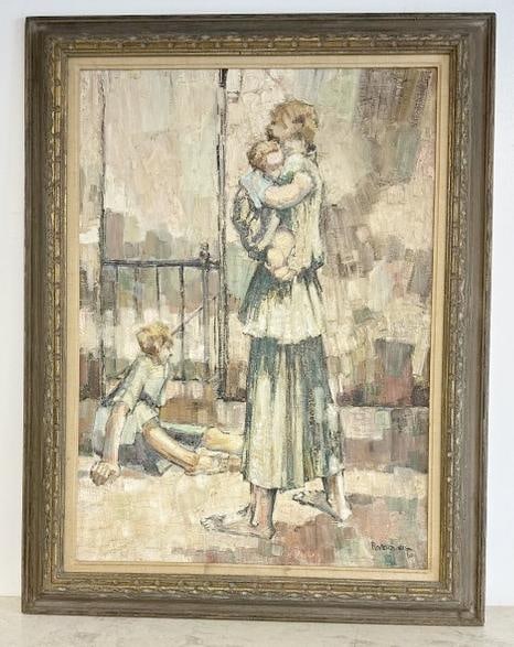 Irving Rosenzweig (1915 - c.1983) impressionist o/c Mother and children on porch, Mother holding one: Irving Rosenzweig (1915 - c.1983) impressionist o/c Mother and children on porch, Mother holding one child, signed lower right, dated 1960, in same period frame, signed lower right, painting measures 