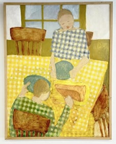 Judeth Pekala Hawkins impressionist o/c with Mother and child at table, ( titled THIS FISH TASTES