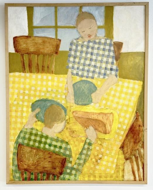 Judeth Pekala Hawkins impressionist o/c with Mother and child at table, ( titled THIS FISH TASTES: Judeth Pekala Hawkins impressionist o/c with Mother and child at table, ( titled THIS FISH TASTES LIKE FLESH ), signed lower right, in contemporary wood frame, nice estate condition. Painting measures
