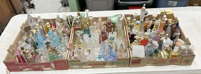 (3) trays of PERFUME bottles and related, some very nice decorative bottles in the lot, great lot